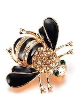 Bee Brooch Rhinestone Green Eyes Pin Enamel Gold Stylish Glam Bumble Insect Cute